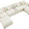 145" U Shaped Cloud Couch Sectional for Living Room, Oversized Modern Modular Sofa with Movable Ottoman, Comfy Fluffy Chenille 6 Seat Sofa Set with Central Console & USB Ports, White