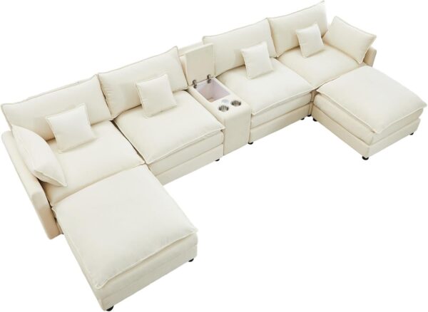 145" U Shaped Cloud Couch Sectional for Living Room, Oversized Modern Modular Sofa with Movable Ottoman, Comfy Fluffy Chenille 6 Seat Sofa Set with Central Console & USB Ports, White