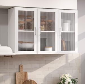 FIMELLO Wall Cabinet, Acrylic Glass Wall Mounted Storage Cabinets， Medicine Cabinet for Kitchen Garage Laundry, White, 3 Door