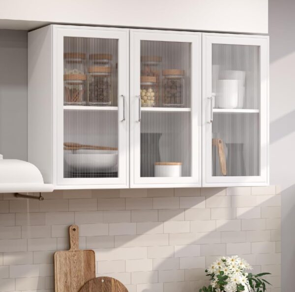 FIMELLO Wall Cabinet, Acrylic Glass Wall Mounted Storage Cabinets， Medicine Cabinet for Kitchen Garage Laundry, White, 3 Door