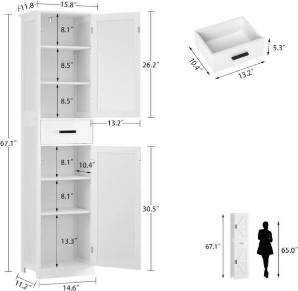 67.1" Tall Bathroom Cabinet, Storage Cabinet with 6 Shelves & Drawer, Bathroom Storage Cabinet with Adjustable Shelves, Tall Cabinet for Bathroom,Living Room, Kitchen, White
