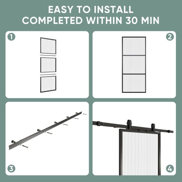JUBEST Glass Barn Door 42in x 84in, Reeded Glass Carbon Steel Pre-Drilled Frame Sliding Barn Door Panel with 7FT Hardware Kit and Soft Close