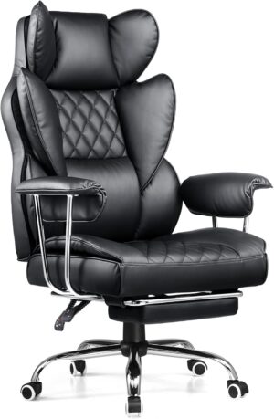 COMHOMA Big and Tall Office Chair, Leather High Back Leather Gaming Chair with Footrest, Executive Ergonomic Office Chair with Pocket Spring Lumbar Support and with Outward Fixed Soft Armrests