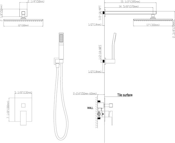 61AxfYhxy-L._AC_SL1500_.jpg WELLFOR 12-In Wall Mounted Rain Shower Faucet with Single Handle and Handheld Spray, Waterfall Dual Head Shower Head System with 2-way Diverter, Pressure-balanced Valve Included, Matte Black