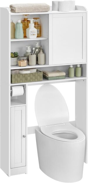 VASAGLE Over The Toilet Storage Shelf, Bathroom Storage Cabinet with Sliding Door, Adjustable Shelves, Toilet Paper Holder, Space-Saving, Modern, 9.8 x 32.7 x 66.9 Inches, Cloud White UBTS018W01