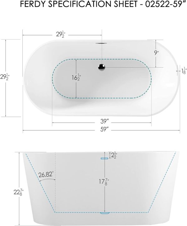 FerdY Shangri-La 59" Acrylic Freestanding Bathtub, Classic Oval Shape Acrylic freestanding tub Modern White, cUPC Certified, Chrome Drain and Classic Slotted Overflow Included