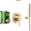 sumerain Brushed Gold Shower Faucet System with high pressure 8 Inches rain shower head and brass hand shower, Rough-In Valve Body and Trim Included