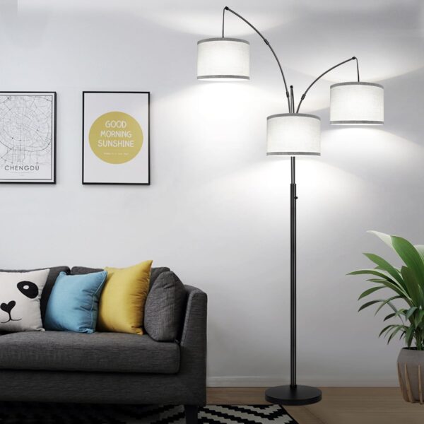 Dimmable Floor Lamp, 3 Lights Arc Floor Lamps for Living Room, Modern Tall Standing Tree Lamp with Gray Linen Shade & Heavy Base, Large Floor Lamp for Bedroom Office, 3x1000 LM LED Bulbs Included