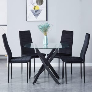 Round Tempered Glass Dining Table Set for 4, 5-Piece Modern Kitchen Table Set with 4 Upholstered Chair for Kitchen Dining Room (Deep Black)