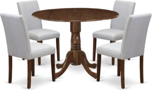 East West Furniture DLAB5-AWA-05 5 Piece Dining Set Contains a Round Dining Room Table with Dropleaf and 4 Upholstered Chairs, 42x42 Inch, Antique Walnut