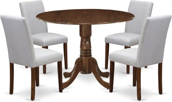 East West Furniture DLAB5-AWA-05 5 Piece Dining Set Contains a Round Dining Room Table with Dropleaf and 4 Upholstered Chairs, 42x42 Inch, Antique Walnut