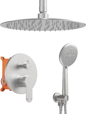 Gabrylly Shower System, Ceiling Shower Faucet Set with 12" Rain Shower head and Handheld Shower, Shower Combo Set with Valve, Brushed Nickel