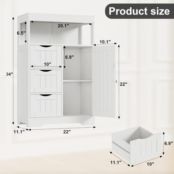 YESHOMY Bathroom Storage Cabinet Freestanding Floor Cupboard with 1 Door and 3 Drawers for Kitchen, Living Room, White