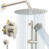 SR SUN RISE 12 Inch Rain Shower System, High Pressure Shower Heads and Handheld 6-Spray Combo Set Slide Bar Shower Faucets Sets Complete Included Valve and Trim Kit for Bathroom, Brushed Nickel
