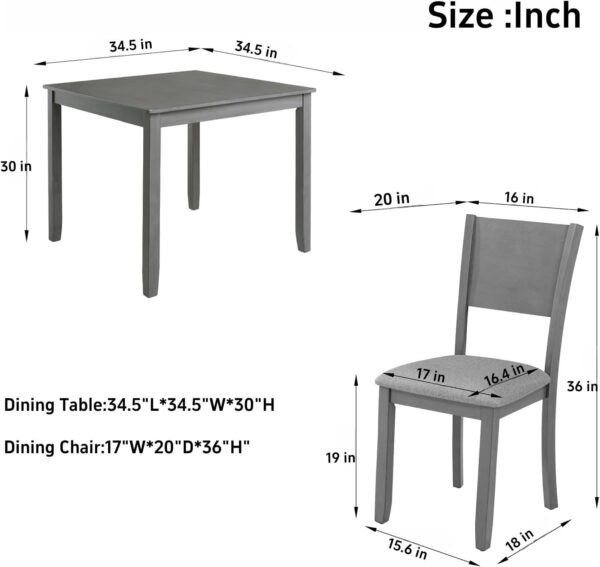 Dining Table Sets, 5-Piece Kitchen Table & Chair Sets with 34.5'' Square Wooden Dining Table & Four Upholstered Wide Backrest Chairs, Wooden Dining Table Set for Dining Room, Gray