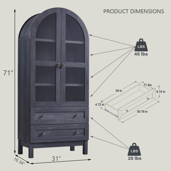 71" Tall Arched Kitchen Pantry Cabinet, Wood Kitchen Storage Cabinets with 2 Large Drawers and Adjustable Shelves, Modern Farmhouse Versatile Cupboard for Kitchen, Dining Room, Bathroom, Grey