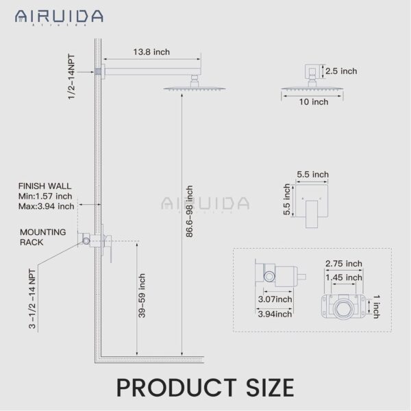 Airuida Shower Faucet Set Shower Trim Kit with Female Thread Rough-in Valve Single Function Shower Head and Handle set Rainfall Shower System with Long Shower Arm 10 Inch Shower Head Brushed Gold
