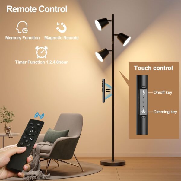 2025 New LED Tree Floor Lamp, 36W Dimmable 2500 LM Modern Standing Lamp with Remote & Touch Control, 4 Color Temperatures, 3 Rotatable LED Light Floor Lamps for Living Room Bedroom Office-Matte Black