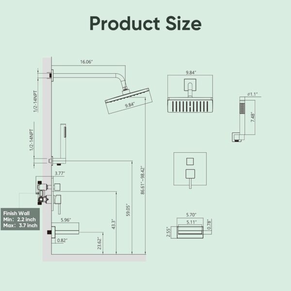 Esnbia Shower System with Tub Spout,Black Bathtub Shower Faucet Set,10 Inches Rain Shower Heads with Handheld Spary Combo, Tub Shower Kit with 3-Way Shower Valve, Matte Black