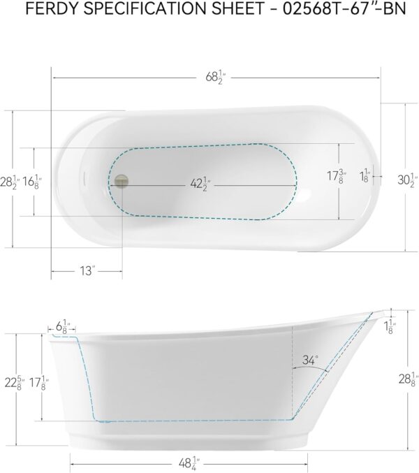 FerdY Langkawi 67" Acrylic Freestanding Bathtub, White Modern Stand Alone Soaking Bathtub, cUPC Certified, Brushed Nickel Drain and Minimalist Linear Design Overflow Included, Easy to Install, 02568T