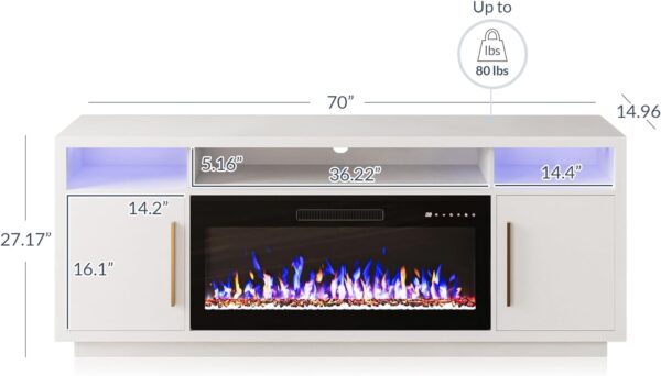 BELLEZE 70" Fireplace TV Stand for TVs Up to 80", LED Light Entertainment Center with 36" Electric Fireplace Heater, Storage Cabinet, Media Console Table for Living Room - Avenue (White)