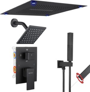 VANFOXLE Shower Faucet Set Matte Black Shower System,Shower Faucet with 2 in 1 Handheld,Ceiling Mount 16 Inch LED Shower Head+6 Inch Shower Head(Rough-in Valve Body and Trim)