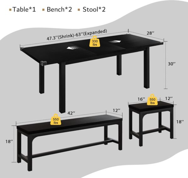 iPormis 5-Piece Dining Table Set for 4-8 People, Extendable Kitchen Table Set with 2 Benches and 2 Square Stools, Mid-Century Dining Room Table with Metal Frame & MDF Board, Saving Space, Black