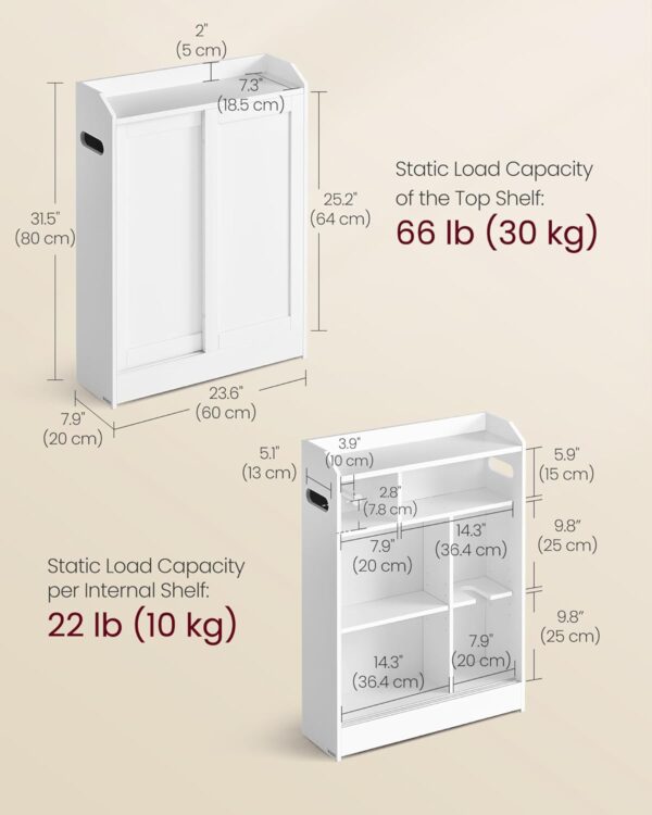 VASAGLE Bathroom Cabinet, Slim Bathroom Storage Cabinet, Toilet Paper Holder and Brush Compartment, Sliding Doors, Adjustable Shelves, Next to Toilet, 7.9 x 23.6 x 31.5 Inches, Cloud White UBBC752W01