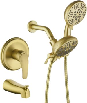 Dual Shower Faucet Set with Tub Spout Tub and Shower Faucet Set Complete Dual Shower Head and Handheld Combo Shower System with Tub Spout Tub and Shower Trim Kit Brushed Gold