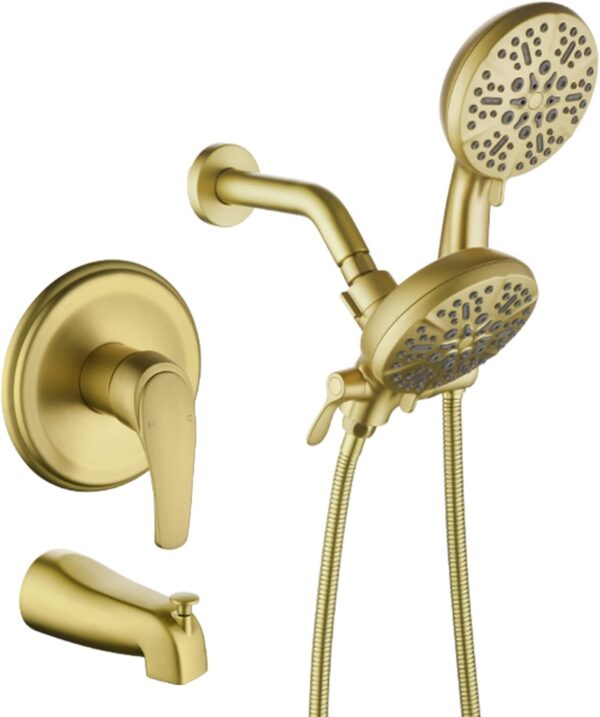 Dual Shower Faucet Set with Tub Spout Tub and Shower Faucet Set Complete Dual Shower Head and Handheld Combo Shower System with Tub Spout Tub and Shower Trim Kit Brushed Gold