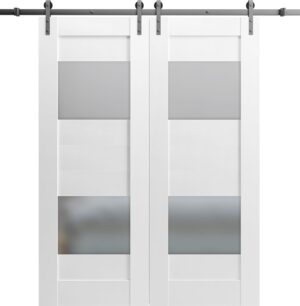 VDOMDOORS - Modern Double Barn Door 60 x 96 inches with Opaque Glass 2 Lites/Sete 6222 White Silk/Stainless Steel 13FT Rail Track Set/Solid Panel Interior Doors