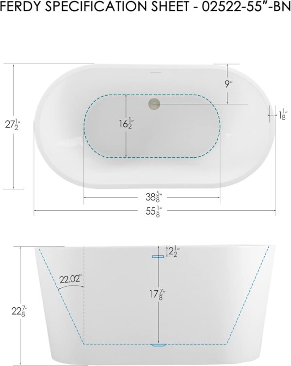 FerdY Luzon 55" Acrylic Freestanding Bathtub, Ergonomic Lightweight Classic Oval Soaking Bathtub with Brushed Nickel Drain, Minimalist Linear Design Overflow, Modern White