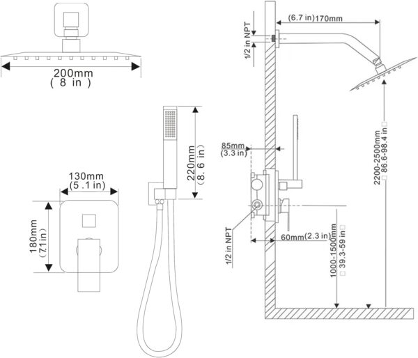 Shower Faucet Set Rain Shower System Matte Black with High Pressure 8-Inch Shower Head Handheld Square Shower Head Bathroom Luxury Rain Shower Faucet Shower Complete Combo Kit Wall Mounted