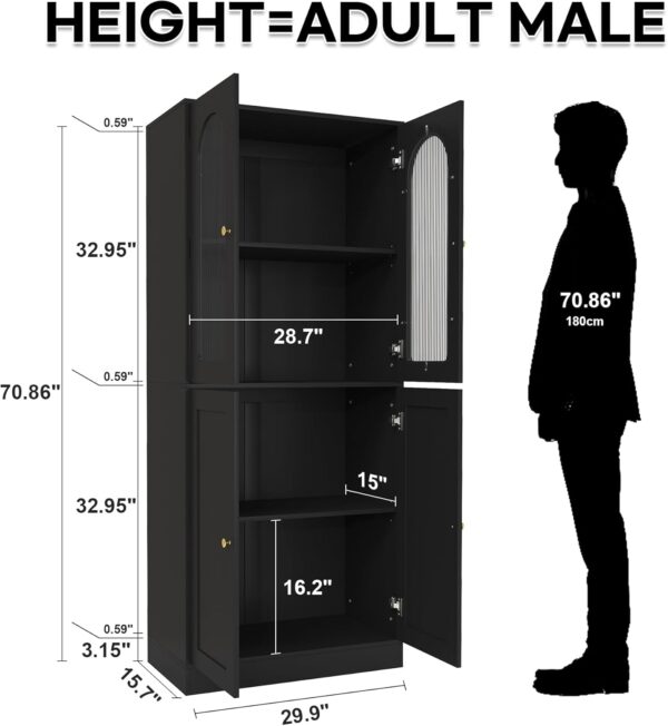 71" Tall Kitchen Pantry Cabinet, Kitchen Storage Cabinet with Glass Doors and Adjustable Shelves, Wood Food Pantry Cabinet, Freestanding Cupboard for Kitchen, Dining Room, Black