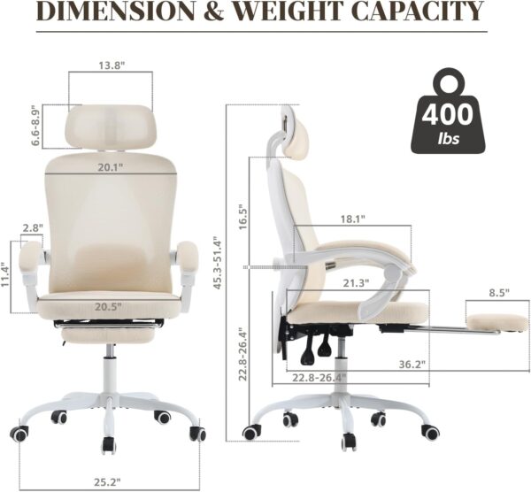 Ergonomic Office Chair, Adjustable Lumbar Support, 400LBS Capacity, Retractable Footrest, Breathable Mesh Back Gaming, Adjustable Headrest