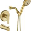 Tub Shower Faucet Set with 10 Spray Handheld Shower Brushed Gold Shower System with Tub Spout Single Handle 4.7 Inch Shower Handheld Shower Fixtures Tub and Shower Trim Kit