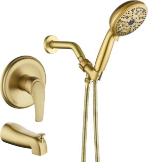 Tub Shower Faucet Set with 10 Spray Handheld Shower Brushed Gold Shower System with Tub Spout Single Handle 4.7 Inch Shower Handheld Shower Fixtures Tub and Shower Trim Kit