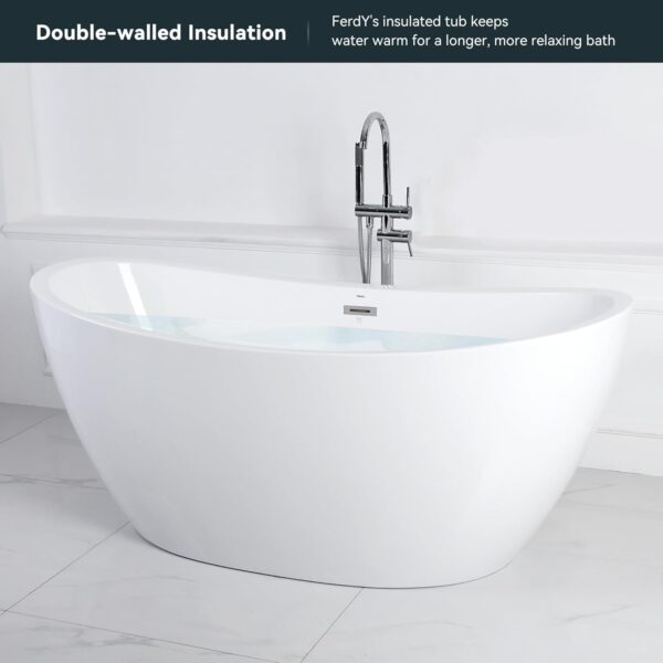 FerdY Naha 67" Acrylic Freestanding Bathtub, Curve Edge Freestanding Soaking Bathtub, Glossy White, cUPC Certified, Toe-Tap Chrome Drain & Overflow Assembly Included, 02588