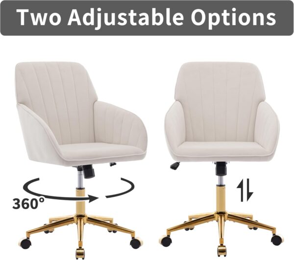 Velvet Home Office Chairs with Gold Base Upholstered Tufted Modern Height Adjustable 360 Degree Swivel Desk Chairs with Wheels, Vanity Chairs for Living Room, Bedroom,Study Room (Cream)