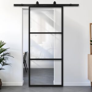 Winado 36in x 84in Glass Barn Door with 6FT Barn Door Hardware Kit, 3-Panel Interior Clear Glass & Black Steel Frame, Predrilled Holes for Easy Installation