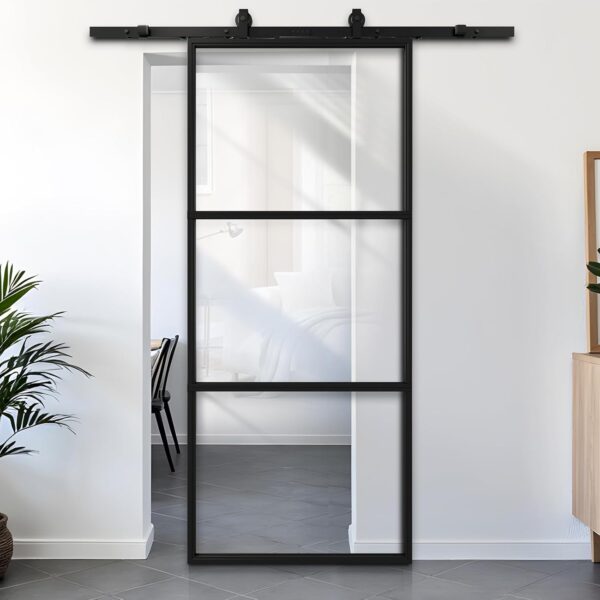 Winado 36in x 84in Glass Barn Door with 6FT Barn Door Hardware Kit, 3-Panel Interior Clear Glass & Black Steel Frame, Predrilled Holes for Easy Installation