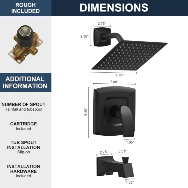 Tub Shower Faucet, Matte Black Shower Faucet Set with 8-Inch Square Rain Shower Head and Tub Spout, Brass Shower System Bathtub Shower Faucet Set Complete, Tub shower faucet set with valve
