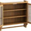 Farmhouse Medicine Cabinet with Glass Doors, Wood Wall Storage Cabinet, Rustic Bathroom Cabinet with 3-Tier Shelves and Towel Bar for Bathroom Kitchen Living Room (Light Walnut)