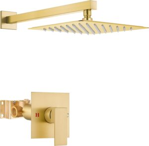 Airuida Shower Faucet Set Shower Trim Kit with Female Thread Rough-in Valve Single Function Shower Head and Handle set Rainfall Shower System with Long Shower Arm 10 Inch Shower Head Brushed Gold
