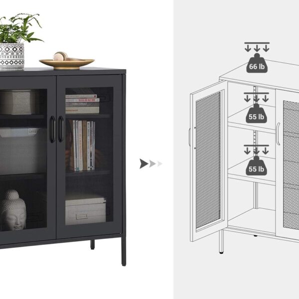 SONGMICS Metal Storage Cabinet with Mesh Doors, Steel Display Cabinets with Adjustable Shelves for Bathroom Home Office, Black UOMC002B01