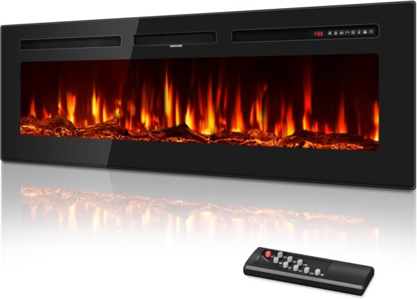 60 Inch Electric Fireplace in-Wall Recessed and Wall Mounted, Ultra-Thin Linear Fireplace Heater 750/1500W with Realistic Flame, Higher Temperatures & Lower Noise, Log Set & Crystal Options