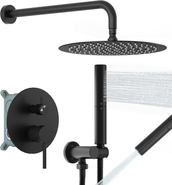 BESy Shower System with 10 Inch Round Rain Shower Head and Handheld Wall Mounted, High Pressure Rainfall Shower Faucet Fixture Combo Set with 2 in 1 Handheld Showerhead for Bathroom, Matte Black