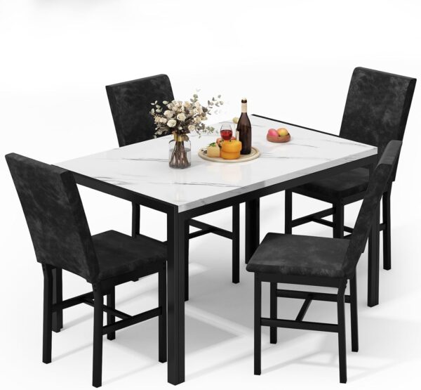 AWQM Products 5-Piece Marble Dining Set, Modern Kitchen Table and Chairs for Dining Room, Dinette, Compact Space Saving Furniture, 4 Upholstered Velvet Chairs - White