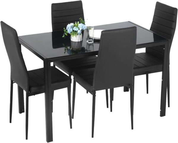 5 Piece Glass Dining Table Set, Kitchen and Chairs for 4, Kitchen Table and Chairs Modern Room Sets Home for Family Dinner, Party,Black