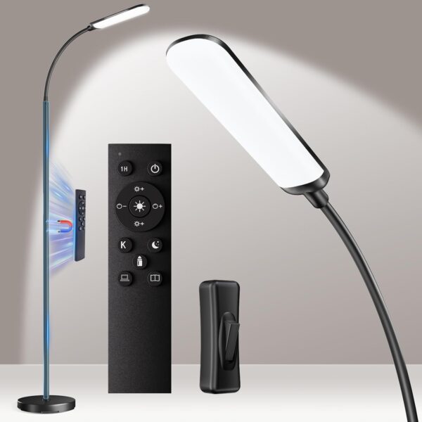 Floor Lamp, Bright 18W LED Standing Lamps for Living Room, Remote Stepless Adjustable Color and Brightness Dimmable with ON/Off Switch, Gooseneck Reading Lights for Bedroom Office, 1300LM Black